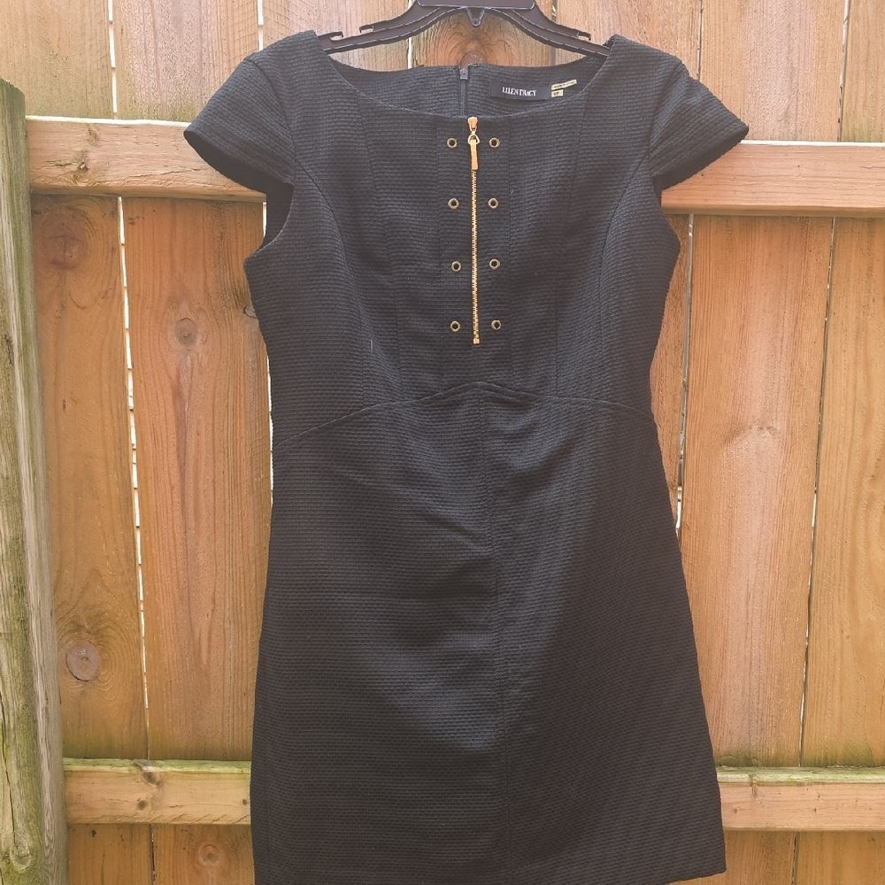 Black Textured Cap-Sleeve Dress with Gold Eyelet Detail